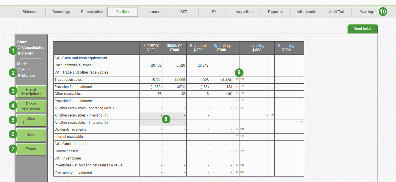 Image shows the Position tab in the Cashflow module from the software. The on-screen options have been labelled with numbers which correspond to the numbers in the table below.